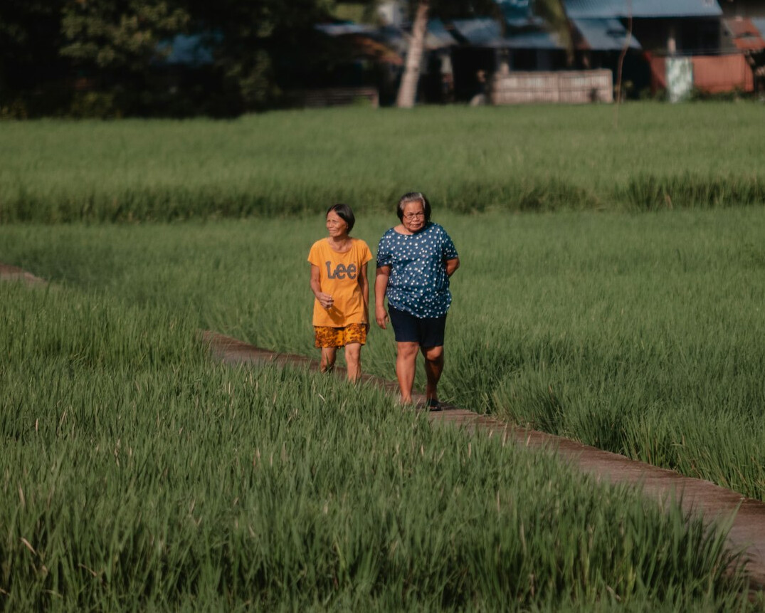 senior couple walking in neighborhood